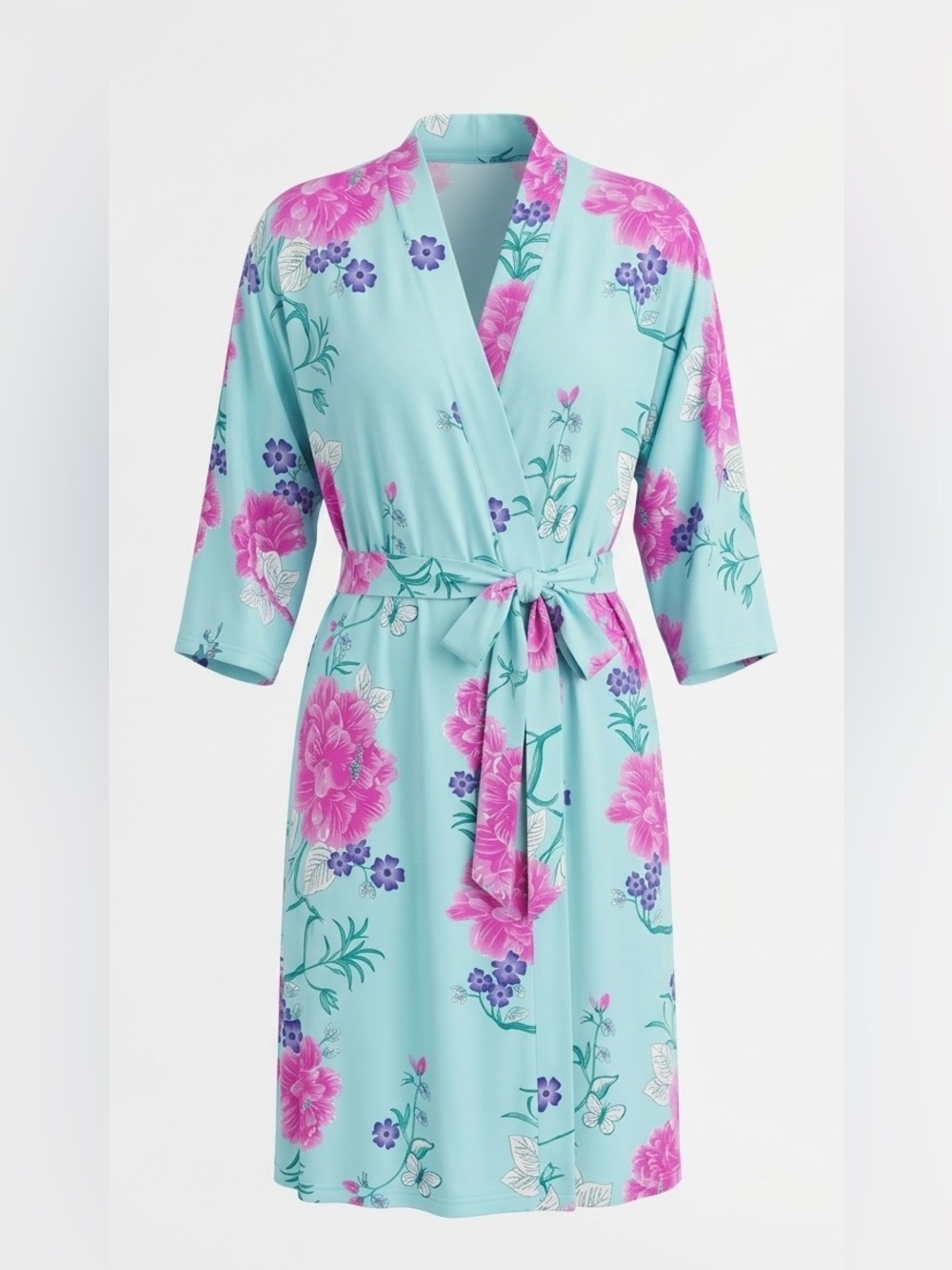 Soft Jersey Knit Floral Belted Robe - Aqua & Pink Sz XXL NWOT